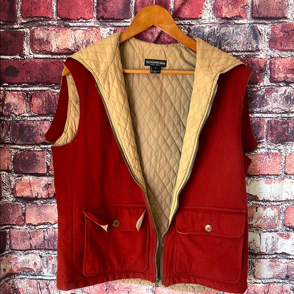 J. Peterman Wool Hooded Quilted Reversible Layering Vest Bold Red Tan Small